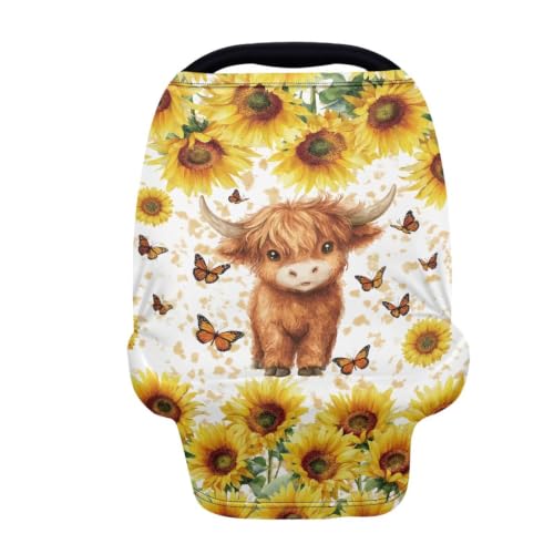 Image of Wanyint Baby Car Seat Covers Carseat Canopy for Boys Girls, Multi-Use Nursing Breastfeeding Covers Mothers Nursing Scarf, Highland Cow Butterfly Sunflower