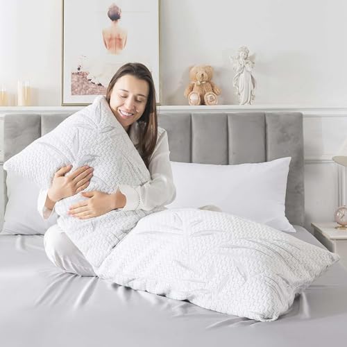 WhatsBedding Memory Foam Body Pillow for Adults with Zipperd Rayon Derived from Bamboo Cover, Breathable Long Pillow for Side Sleeper, Shredded Memory Foam Stuffing, Grey Leaf