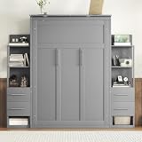Queen Murphy Bed with Storage Drawers,LED Lights and Shelves,Wood Murphy Wall Bed Cabinet for Adults (Grey)