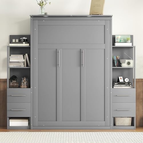 MERITLINE Queen Murphy Bed with LED Lights, Storage Drawers & Shelves – Wood, Gray