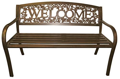 Leigh Country Metal Outdoor Bench, Welcome Design, Decorative Patio Seating for Porch/Deck