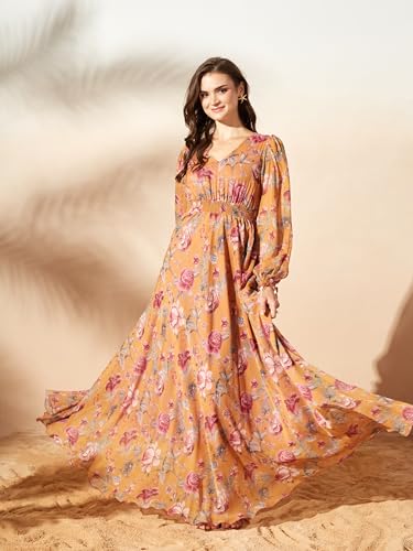 Image of Miss Chase Women's Multicolored-Base-Brown Relaxed Fit Maxi Lurex Chiffon Dress