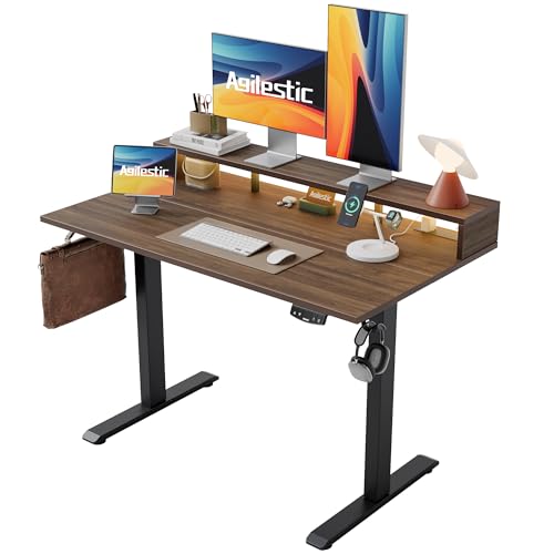 Image of Agilestic 55 x 24 Inch Electric Standing Desk with Shelf, Height Adjustable Desk with Power Outlets & LED, Sit Stand Up Table with Monitor Stand, Computer Workstation, Dark Walnut