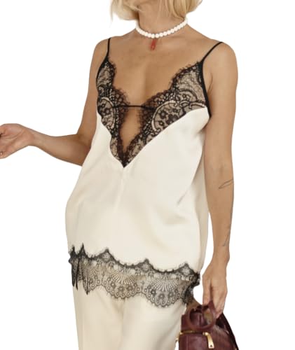 Satin Silk Tops for Women Spaghetti Strap Lace Trim Camisole Tops V Neck Backless Loose Flowy Tank Tops