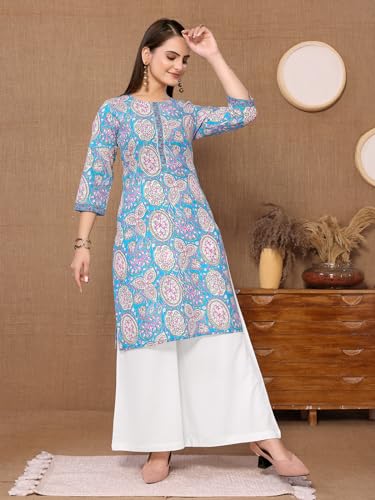 Image of rangita Blue Cotton Knee Length Printed Straight Kurti for Women | Kurta for Women