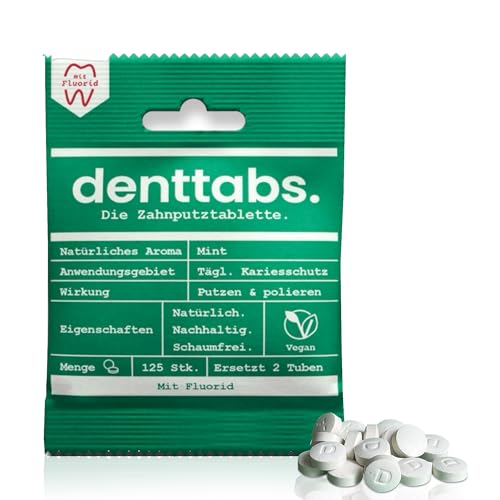 Denttabs Zahnputztabletten die vollwertige Alternative zur Zahnpasta 125 Stk. für 2 Monate. Mint mit Fluorid - VEGAN Plastikfrei ohne Konservierungsstoffe. Im Orginal denttabs kompostierbaren Beutel