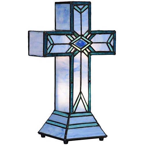 Bieye L10815 Christian Cross Tiffany Style Stained Glass Accent Table Lamp for Home Décor (Mission)