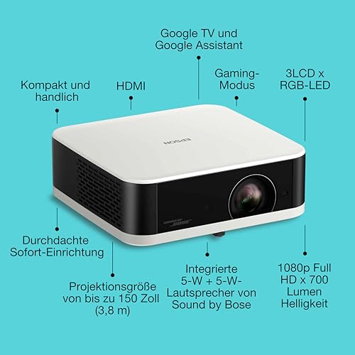 Epson Lifestudio Pop EF-61W Diamantwei&szlig;, tragbarer Smart-Projektor, Sound by Bose, Google TV, Full HD, Verwendung im Innen- und Au&szlig;enbereich, 5 Jahre Ger&auml;teschutz*