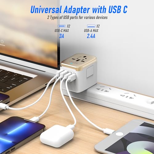 Image of VYLEE Universal International Power Travel Plug Adapter, 5 in 1 European Travel Plug Adapter W / 3.5A 2xUSB-A and 2xUSB C Wall Charger and Worldwide AC Outlet for Europe USA UK AUS Asia (White Gold)