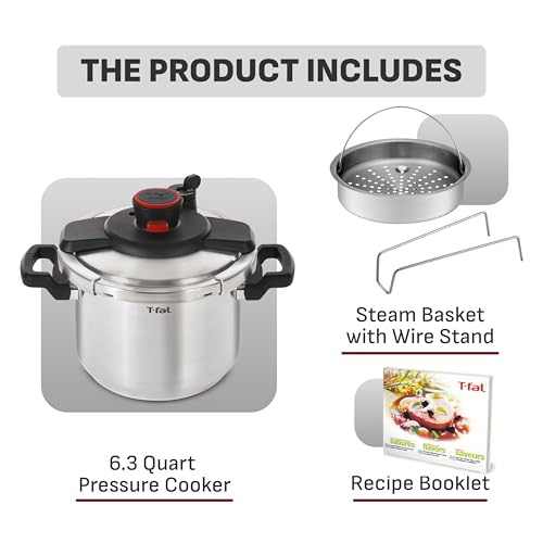T-fal Clipso Stainless Steel Pressure Cooker, 6.3 Quart, Recipe Book, Steam Basket, Easy-Open Lid, Secure Locking System, Adjustable Pressure Valve, Induction Cookware, Pots and Pans, Kitchen, Silver by T-Fal - Image 2