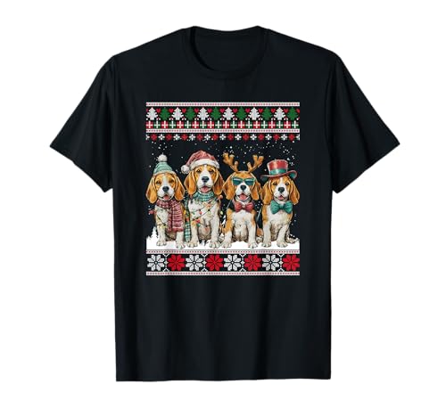 Quatro cães Beagle Natal divertido rena de pai Natal t-shirt