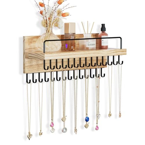 Lolalet Necklace Holder Hanging Necklace Organizer Wall Mounted Jewelry Organizer with 28 Hooks and Perfume Shelf, Wood Necklace Hanger Rack for Brace