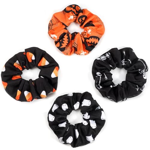 Halloween Hair Ties Spooky Ghost Skull Skeleton Pumpkin Hair Scrunchies for Women Girls Halloween Elastics Candy Hair Accessories Gifts Hair Tie 4pcs