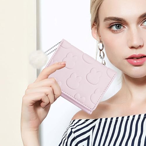 Small Wallet Women, Rabbit Print Cute Wallet with Pendant and Heart-Shaped ID Window Trifold Ultra-Thin Coin Purse (Pink)