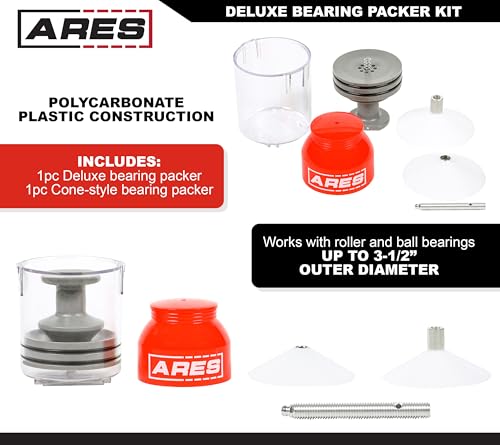 Image of ARES 54036 - 2-Piece Deluxe and Standard Bearing Packer Kit - Quickly and Easily Flushes Old Grease and Repacks Wheel Bearing - Fill with Grease Gun or by Hand - Includes Cone-Style Bearing Packer