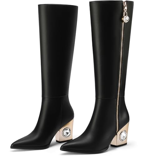 Knee High Boots for Women Cowboy Boots Chunky Heel Pointed Toe Cowgirl Boots with Rhinestone Side Zipper Tall Boots4