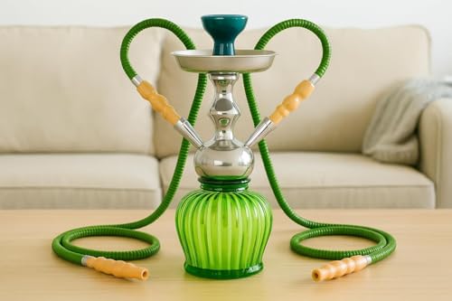 Image of FAB HOME DECOR QT Econo Dual Hose Hookah | Designer Double Pipe Aluminium Stem 12 Inch Glass, Steel Hookah Set For Heavy Smoke | Perfect for Party Lovers (Green)