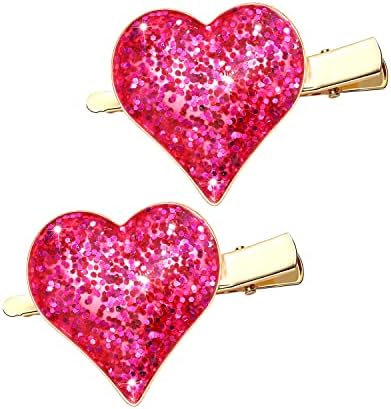 Heart Hair Clips Large Valentine's Day Glitter Heart Alligator Metal Clip Red & Pink Heart Shape Duckbill Hairpins Sweet Love Heart Hair Barrettes for Women Girls Hair Styling Accessory