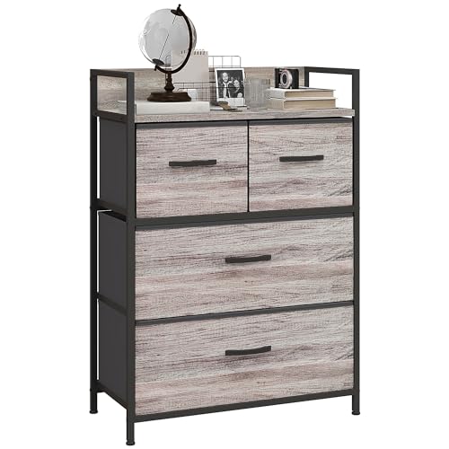 HOMCOM Commode Chambre Meuble de Rangement Commode 4 tiroirs en Tissu Pliables et Amovibles avec étagère Ouverte et Cadre en métal, chiffonnier pour Salon,...
