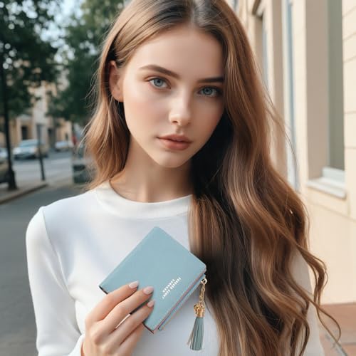 Image of KOTORA Womens Small Wallet Girls Tiny Slim Wallets Pretty Mini Card Holder Thin Short Zip Coin Purse with Love Pendant and Tassels (Blue)