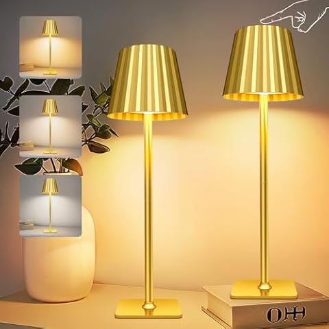 Cordless Table Lamp Rechargeable, 5000mAh LED Battery Operated Desk Lamp, Portable Wireless Touch Lamp for Restaurant Bedroom Outdoor Bars Coffee Shop Night Light, 3 Color Stepless Dimming Gold 2 Pack Cover