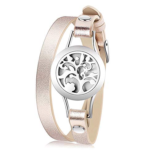 JewelryWe Schmuck Ätherisches Öl offenes Lederarmband Halskette, Aromatherapie ätherisches Öl Diffusor Medaillon Armband 316L Edelstahl Lebensbaum Kette + 10 Pads