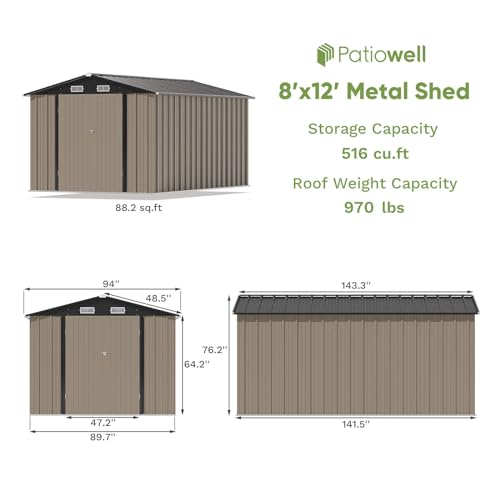 image for Patiowell 8' x 12' Metal Storage Shed for Outdoor, Steel Yard Shed wit