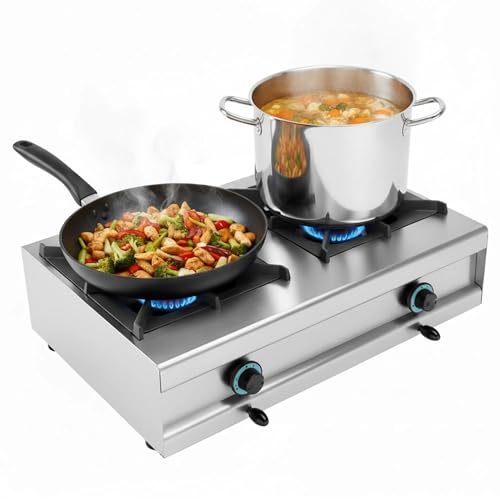 MBH - Cocina a Gas Profesional con 2 fogónes de sobremesa y alta potencia para cocina industrial de bar, restaurante, food trucks, hostelería y catering.