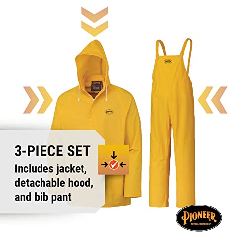 Pioneer Repel Rain Gear Safety Jacket & Bib Pants -Waterproof & Windproof Pvc Work Suit For Men - 3 Pc With Detachable Hood #TOP2