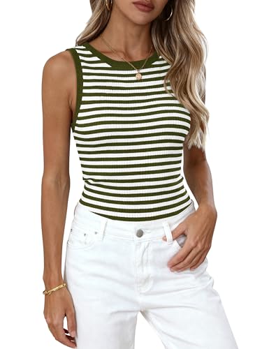 Image of PRETTYGARDEN Summer High Neck Striped Tank Tops for Women Casual Sleeveless Sweaters Basic Ribbed Knit Slim Fitted Shirts