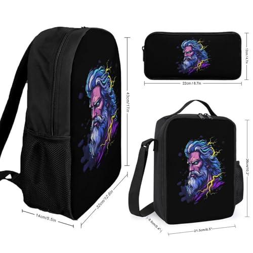 Zeus Greek God with Thunder Classic Backpack Lunch Bag Pencil Case 3 Piece Set Travel Daypack2