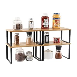 4-Pack Bamboo Kitchen Shelf Organizer for Cabinet, Expandable & Stackable Counter Cupboard Organiser, Storage Rack for Bathroom, Kitchen, Laundry Room Black
