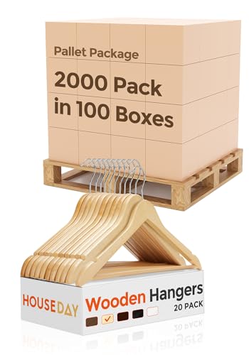 HOUSE DAY Bulk Wooden Hangers 2000 Pack(100 Cases, 20 Pack/Case), Solid Wood Hanger with Non Slip Pant Bar, Heavy Duty Wooden Coat Hanger for Closet, Smooth Wood Clothes Hangers for Shirts, Natural
