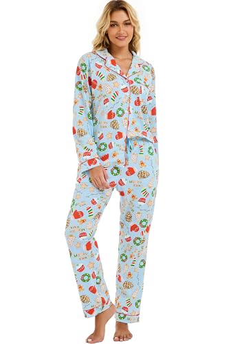 Image of LUBOT Christmas Pajamas for Women 100% Cotton Pajama 2 Piece PJ Set Soft Long Sleeve Button Xmas Print Loungewear XS-XXL