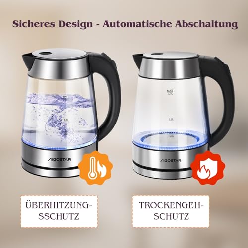 Aigostar Glas Edelstahl Wasserkocher mit LED-Beleuchtung, Kalkfilter – Ansicht 6