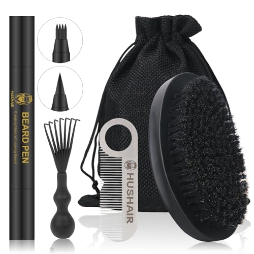 HUSHAIR Beard Brush 5-in-1 Set for Men - Natural Boar Bristle Brush & Beard Pen Filler，Stainless Steel Pocket Beard Comb/Combing Brush/Ramie Storage Bag - Great for Grooming Beards and Mustaches