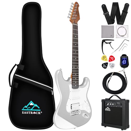 EASTROCK 39 inch Full-Size Electric Guitar Kit for Beginner Starter with 10w Amp, Bag, Capo, Shoulder Strap, String, Cable, Tuner, Picks. (39" Right Handed, Silver Gray)