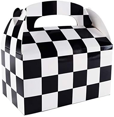 Super Z Outlet 12 Pack Black and White Checker Racing Flag Pennant Treat Gift Paper Cardboard Boxes with Handles for Candy Goodie Bags, Picnic Snacks, Birthday Party Favors (6.25" x 3 1/2" x 3.25") image 5