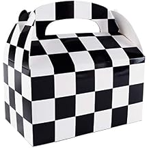 Super Z Outlet 12 Pack Black and White Checker Racing Flag Pennant Treat Gift Paper Cardboard Boxes with Handles for Candy Goodie Bags, Picnic Snacks, Birthday Party Favors 6.25" x 3 1/2" x 3.25"