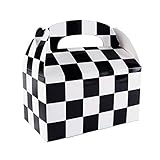 12 Pack Black and White Checker Racing Flag Pennant Treat Gift Paper Cardboard Boxes with Handles...