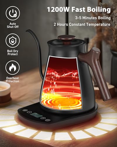 Image of Harriet Gooseneck Electric Kettle - 1200W Fast Heat, 0.8L Stainless Steel, Precision Temp Control & Timer, Wood Handle, Pour Over Coffee and Tea, Black