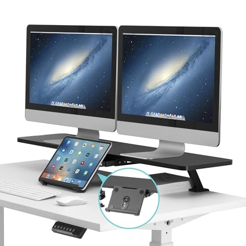AVLT Clamp Desk Shelf Dual 32" Monitor Clamp-On Monitor Riser With Slide Out Holder For Convertible Laptop Tablet Smartphone (Black) - Floating Monitor Stand (Shelf Only)