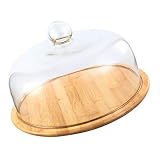 FAVOMOTO Plato para tartas con tapa de madera, plato de cristal, 26 cm, soporte para tartas con campana, pastelería, pan, postres, tartas, alimentos, cobertura, restaurante en casa