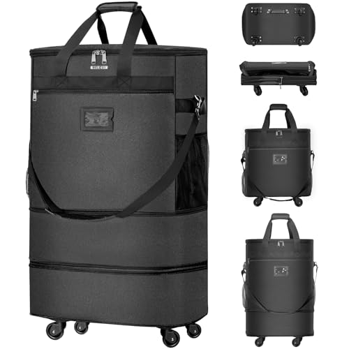 Suitcases with Wheels Expandable Luggage Bag Foldable Suitcase with 4 Universal Wheels Collapsible Rolling Travel Bag Large Capacity Duffel Bag (Black)