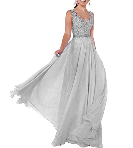 Preisvergleich Produktbild Beyonddress Damen Chiffon Abendkleider Lang Hochzeit V-Ausschnitt Brautkleid Ballkleider Brautjungfern Kleider(Silber,52)