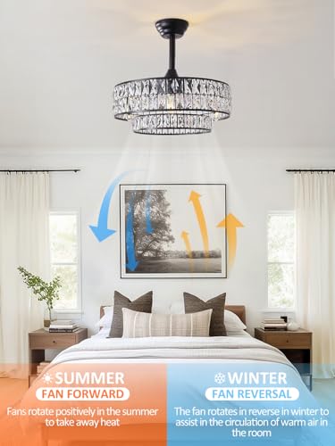 Image of 20 inch Black Fandelier Ceiling Fan with Light, Black Crystal Chandelier Ceiling Fans with Light, Mid Century Rustic Remote Control, Semi Flush Mount Caged with 6 Speed for Living Room Bedroom Nursery
