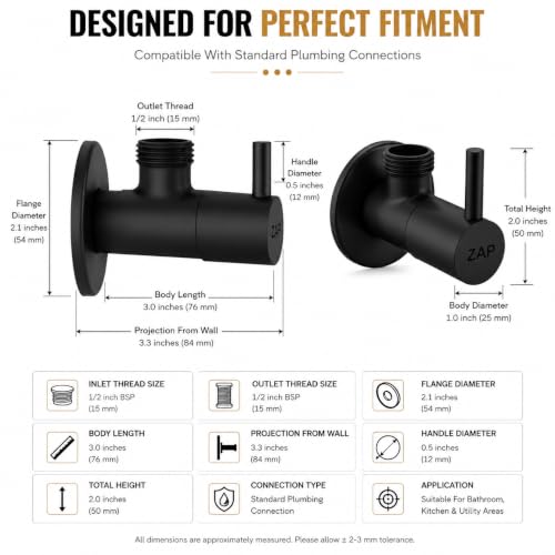 Image of ZAP Brass Angle Valve with Wall Flange - Pack of 6 | Matte Black Finish | Heavy Duty Angle Cock for Jet Spray, Shower, Geyser and Basin Tap | Rust Resistant Bathroom Fitting