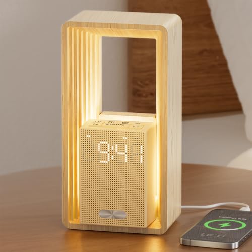 Lámpara de Noche con Puerto de Carga USB & Reloj, Doble Alarma con Luz de Despertar - 9 Sonidos para Dormir Luz Nocturna, Temporizador & Pantalla Regulable Lámpara de Mesa para Dormitorio, Decor