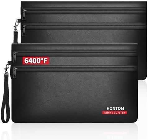 Hontom 2er Pack Geldtaschen Banktasche aus Kunstleder(28x19cm,6400℉) | 12-lagige Wärmedämmung Feuerfeste Tasche, Kleine Feuerfest Geldtasche mit Reißverschluss für Bargeld,Quittung