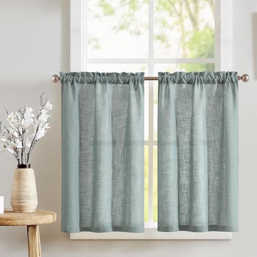 TOPICK Rideaux de Cuisine Court Moderne Brise Bise et Draperies Intérieurs Vert Olive 65Lx115H cm, Rideau Brise-Bise Semi-Transparents en Effet Lin Légers et...